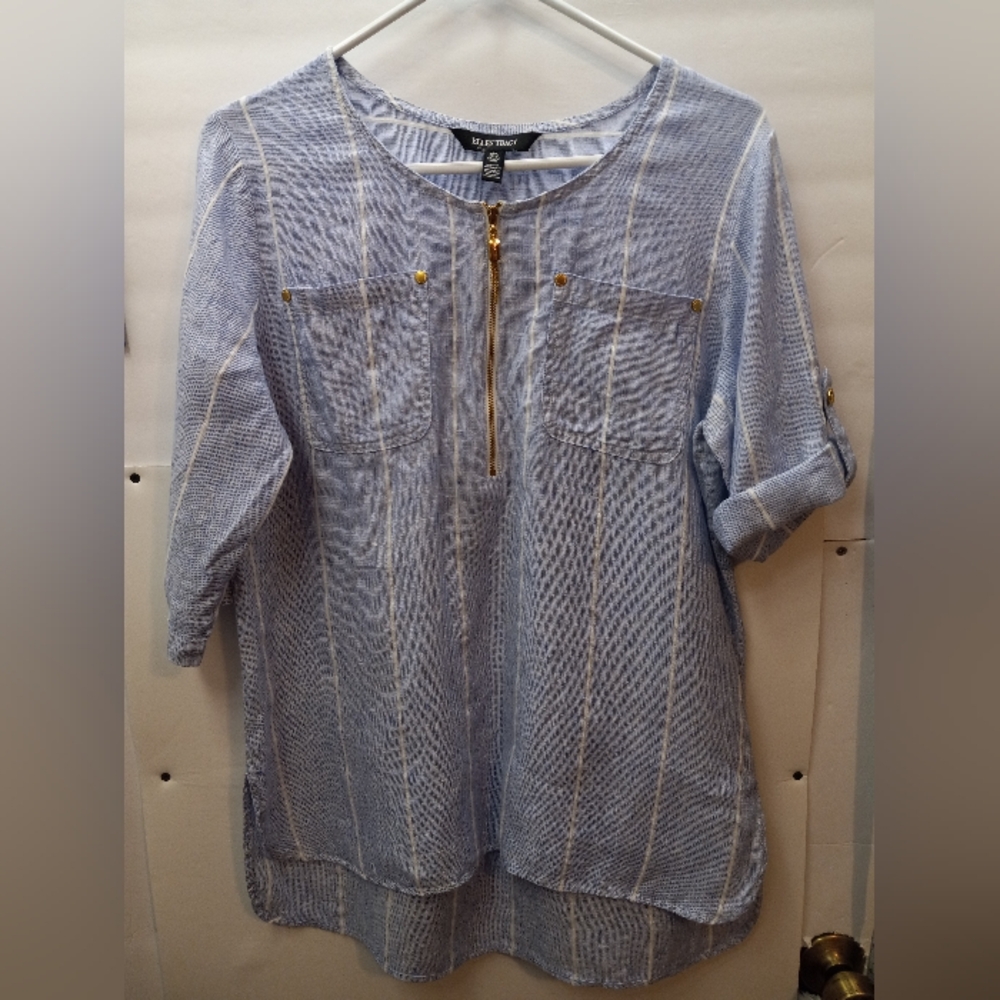 Ellen Tracy 100% Linen Tunic Utility Boho Stripe Shirt Business Casual Top Relax